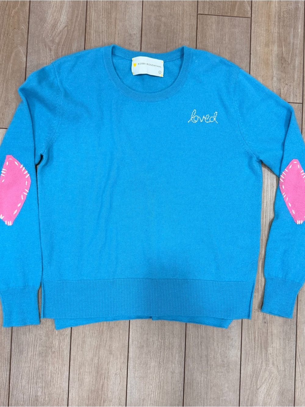 Kerri Rosenthal Turquoise Crewneck Sweater with Pink Elbow Patches 100% cashmere